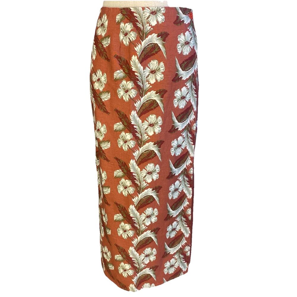 🍂 Eddie Bauer Womens 12 Rust Red Floral Cotton Linen Wrap Skirt 🍂